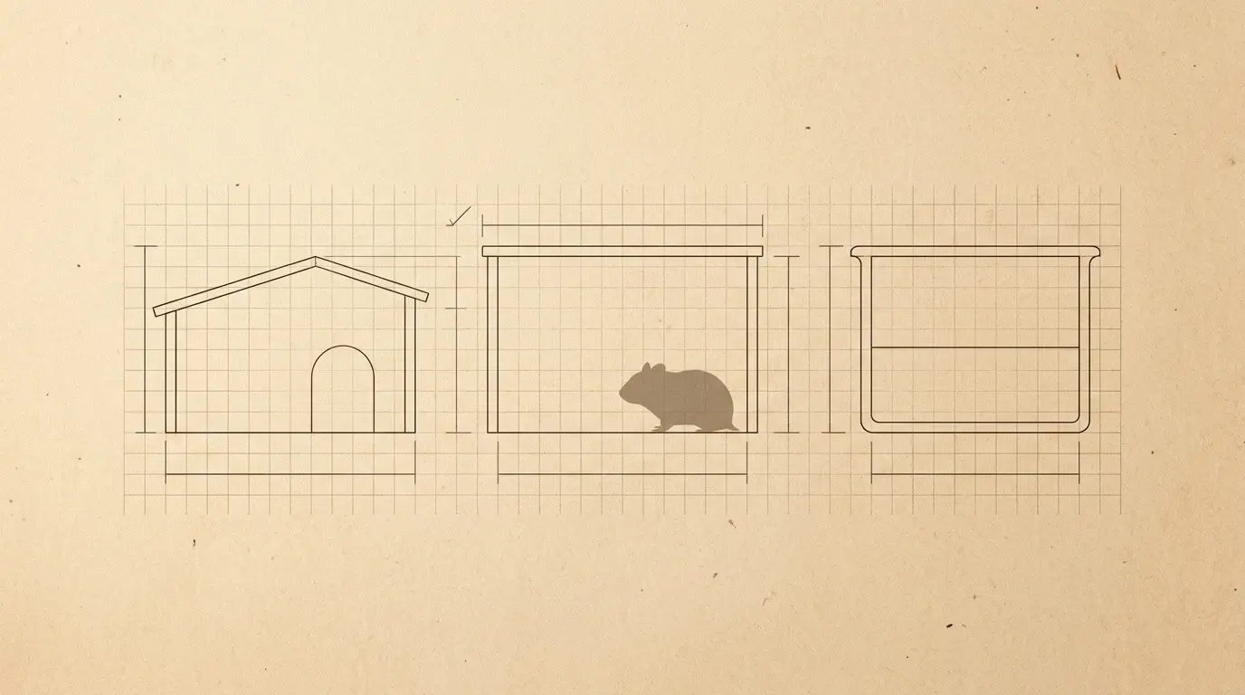 Skisse av tre hamsterhus i oppriss på rutepapir – et trehus med saltak, et firkantet hus med hamster inni, og en avrundet iglo – med målsatte linjer for bredde og høyde